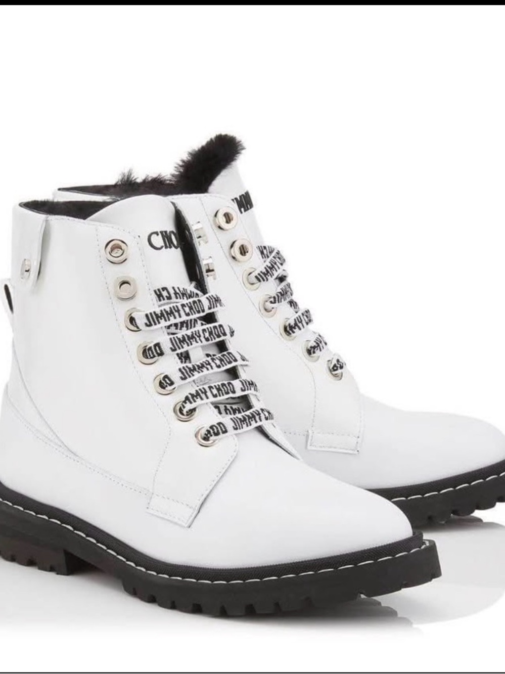 Jimmy Choo White Leather Lace-Up Fur-Trim Boots